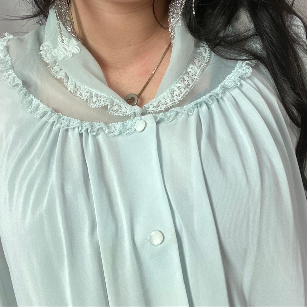 VINTAGE BABY BLUE NYLON EMBROIDERED BLOUSE - Picture 4 of 7